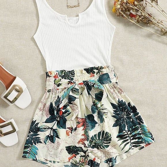 New Tropical Print Tie Front Romper White Green 226 - Picture 1 of 6